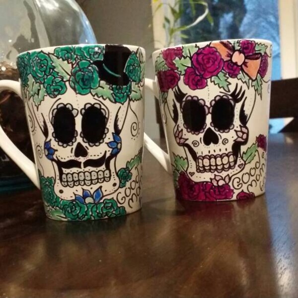 His and her day of the dead sugar skull good morning coffee mugs