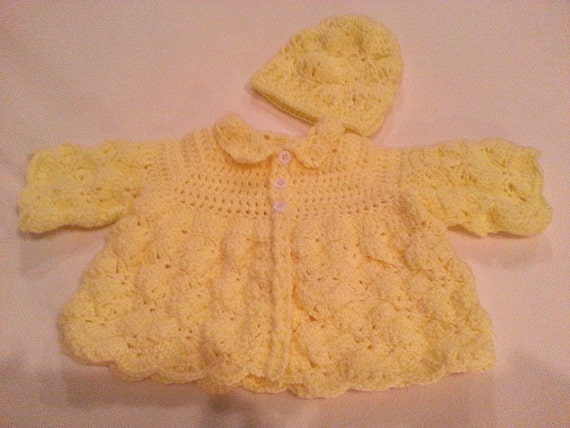 Handmade Crochet Pale Yellow Baby GIrl Cardigan with Matching | Etsy