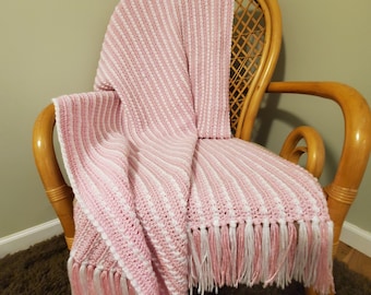 Handmade Crochet Pink and White Fringed Crib / Baby Blanket