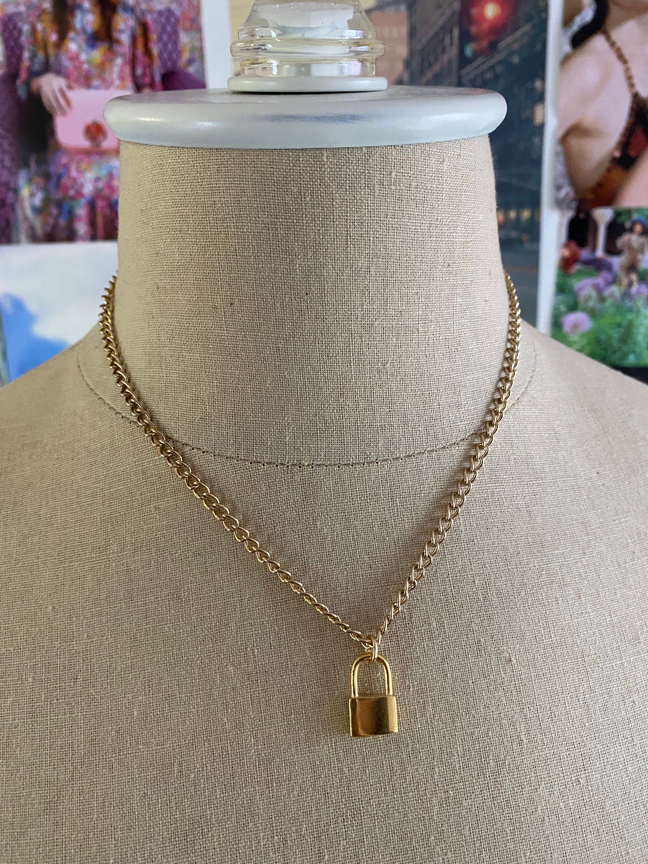CHANEL Necklace Chain AUTH Vintage Gold Choker Pendant padlock Pink Key  49cm FS