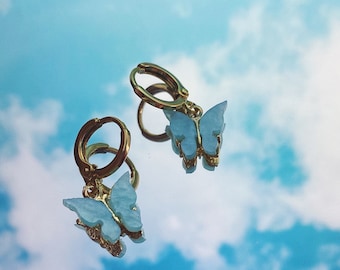Butterfly Earrings on Gold Hoops (multiple Color Options!) Blue