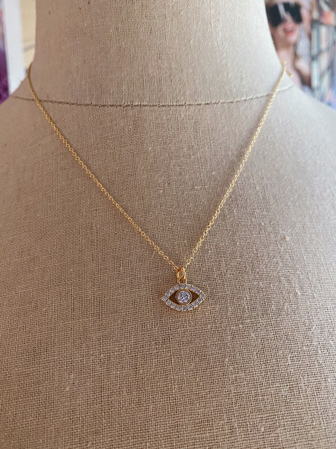 Gold Chain Necklace With Crystal Evil Eye Pendant / Dainty Gold ...