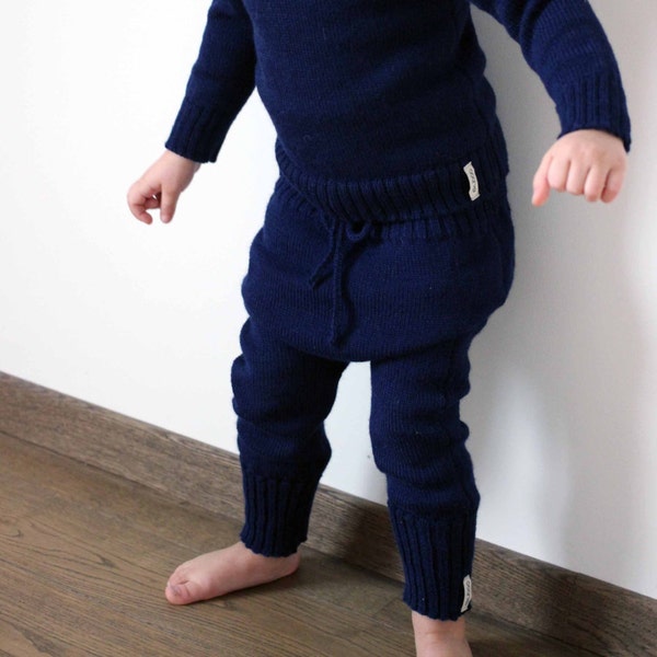 Pantalon en tricot Baby Alpaga - sarouel pour enfants tricotés - pantalon à cordon bleu marine pour enfants - pantalons de survêtement pour garçon fille en tricot - pantalons pour tout-petits en laine