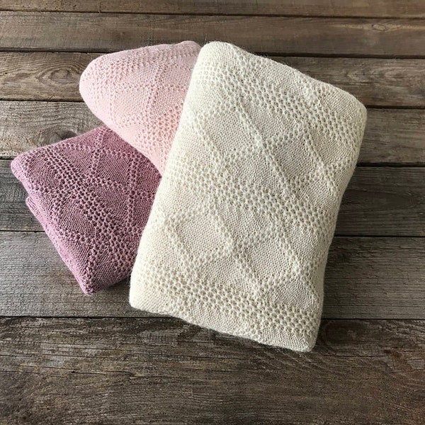 Alpaca blanket, dusty rose newborn knit wrap, Christmas gift, pink girl wrap, cream newborn blanket, cream, ivory wool blanket, baby shower