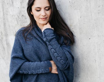 Alpaka Kokon Strickjacke, blauer übergroßer langer Wollpullover mit Zopfmuster, Frau Geschenk, Strick-Stola, Boho Wrap, Boho Mantel, romantischer Stil