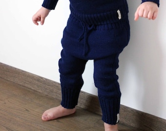 Baby Alpaca knit pants - knitted children harem pants - kids navy blue drawstring trousers - knit girl boy sweatpants - wool toddler pants