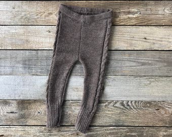 Brown cable knit leggings, alpaca wool longies for baby, infant, toddler, knitted beige, black children, kids pants girl trousers