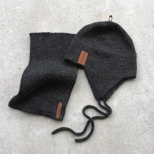 Ensemble chapeau et foulard en alpaga pour enfants, chapeau d’hiver gris laine et snood, casque charbon de bois pour enfants, bébé, filles, garçons, chapeau à rabat d’oreille pour tout-petits