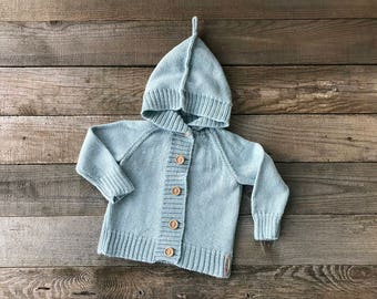 Alpaca sweater, light blue wool cardigan with hood, knit hooded wool coat, beige, white, infant, toddler, girl, boy, kids jacket