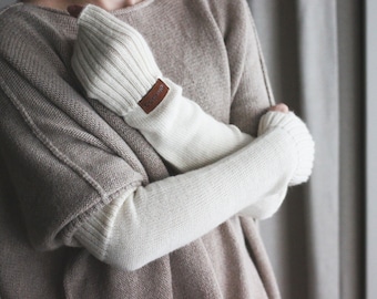 Alpaca white fingerless mittens for women, natural 100% cashmere knit fingerless gloves, long wool arm warmers, fingerless mitts