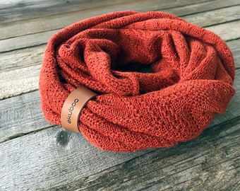 Alpaca orange infinity scarf, rust wool scarf with leather bracelet, knit rust textured snood, knitted circle scarf, scarf for women, gift