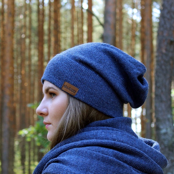 Bonnet ample en alpaga bleu pour femmes, bonnet en tricot, bonnet d'hiver pour adultes