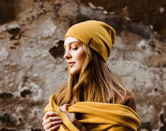 Mustard cashmere Hat. 100% pure yellow double layer cashmere beanie for women. Christmas gift for her