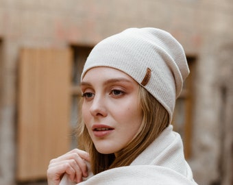 Oatmeal cashmere Hat. 100% pure white double layer cashmere beanie for women. Christmas gift for her