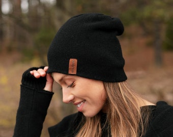 Black cashmere Hat. Double layer cashmere beanie for women. 100% Cashmere wool. Christmas gift for her