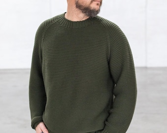 Merino wool sweater. Wool sweater for men, green knit jumper, Christmas gift, gray ribbed oversized winter pullover, warm timeless clothes