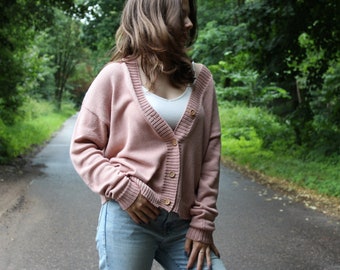 Cotton cardigan with buttons, women sweater, relaxed knit sweater in dusty rose color, pink sweater for women, short summer sweater