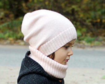 Alpaca kids knit cream rose hat - knitted slouchy beanie - children unisex hat - pale pink wool hat - girl winter beanie