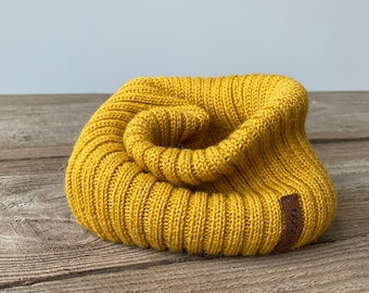 Alpaca snood, knit mustard yellow scarf,  knitted kids alpaca cowl, knit children unisex tube scarf