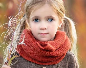 Alpaca snood, knit burnt orange infinity scarf, knitted kids winter cowl, children unisex tube scarf for infant, toddler, girl, boy