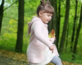 Pink Cable cardigan, alpaca knitted sweater with hood and pockets, long knit wool coat, gray cream rose  infant, toddler, girl, kids jacket