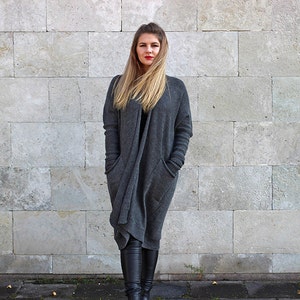 Gray oversized alpaca wool open cardigan, sweater with pockets, knit black coat, loose fit, plus size, maternity drape wrap, woman gift image 2