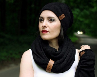 Black Alpaca wool infinity scarf with leather bracelet - knit white snood - knitted circle scarf - scarf for women, neck warmer