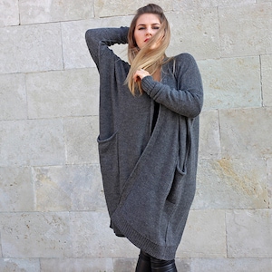 Gray oversized alpaca wool open cardigan, sweater with pockets, knit black coat, loose fit, plus size, maternity drape wrap, woman gift image 1