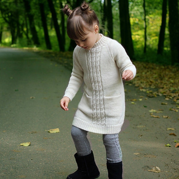 Robe pour fillette en tricot d'alpaga avec torsades, tunique pour fille blanche, robe pull grise pour bébé, bébé, rose pour tout-petit, vieux rose, pull long avec poches