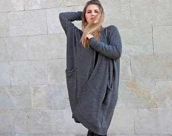 Gray oversized alpaca wool open cardigan, sweater with pockets, knit black coat, loose fit, plus size, maternity drape wrap, woman gift