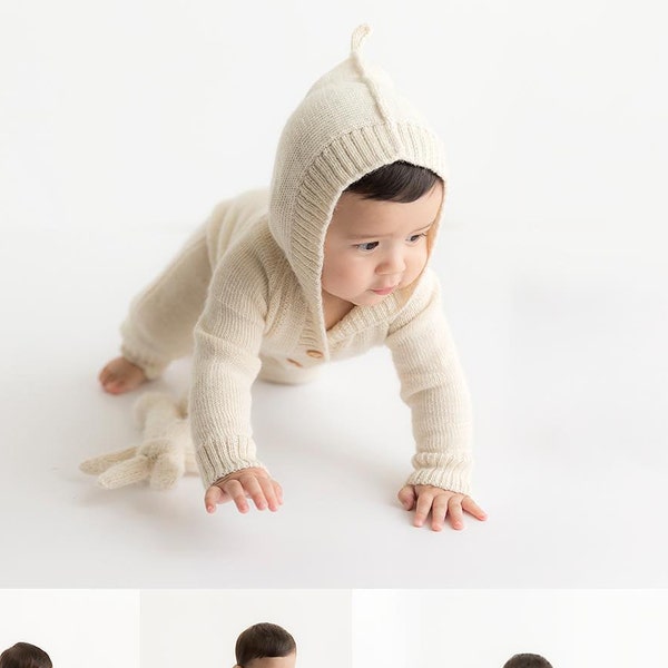 White Alpaca romper for baby, natural wool infant, toddler knit ivory overall with hood, cream children, kids hooded jumpsuit with buttons