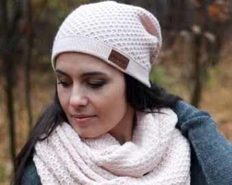 Alpaca wool knit slouchy beanie, knitted women's honeycomb hat, cream rose, beige hat, beanie for women, adult white, navy, beige winter hat