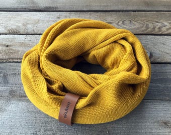 Mustard Alpaca wool infinity scarf with leather bracelet, yellow knit snood, knitted circle scarf, scarf for women, winter neck warmer