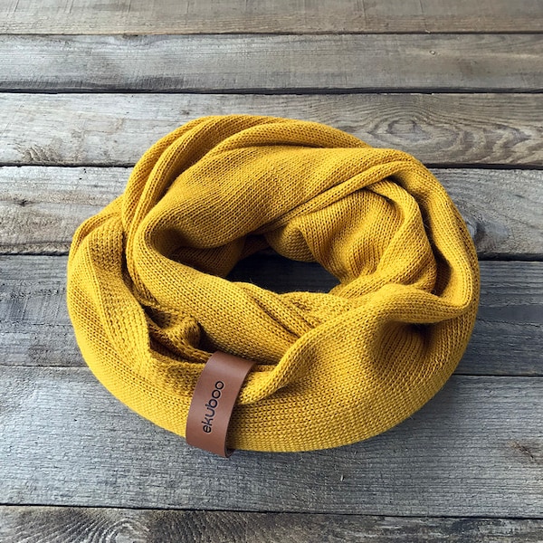 Mustard Alpaca wool infinity scarf with leather bracelet, yellow knit snood, knitted circle scarf, scarf for women, winter neck warmer