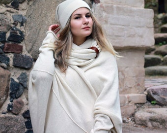 Maglione oversize in lana di alpaca da donna, cardigan in maglia, coprispalle bianco naturale, cardigan a bozzolo, involucro lavorato a maglia, cappotto
