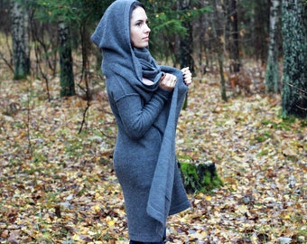 Alpaca wool cardigan with hood and pockets, long sweater with belt, woman gift, knit hooded coat, gray, navy, beige, white wrap for her