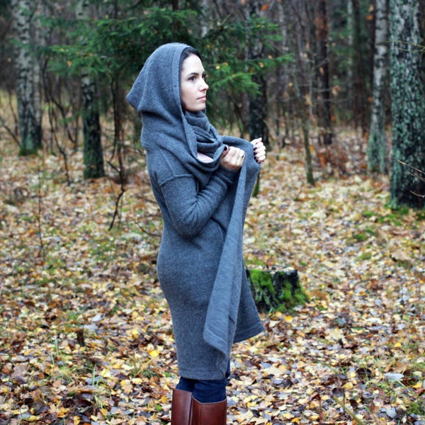 Alpaca wool cardigan with hood and pockets, long sweater with belt, woman gift, knit hooded coat, gray, navy, beige, white wrap for her