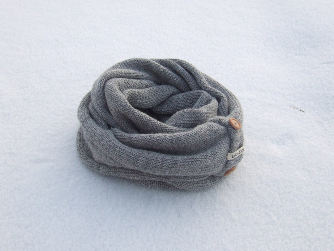 Alpaca Infinity Scarf With Wooden Buttons - Knit Gray Wool Snood ...