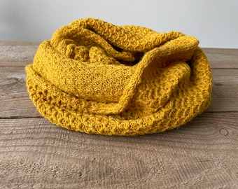 Mustard yellow Alpaca wool honeycomb infinity scarf, knit textured snood, knitted circle scarf for women, gray infinity scarf