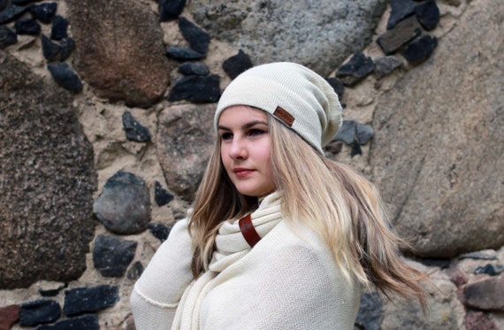 Alpaca Slouchy Beanie for Women Natural White Knit Hat Kitted