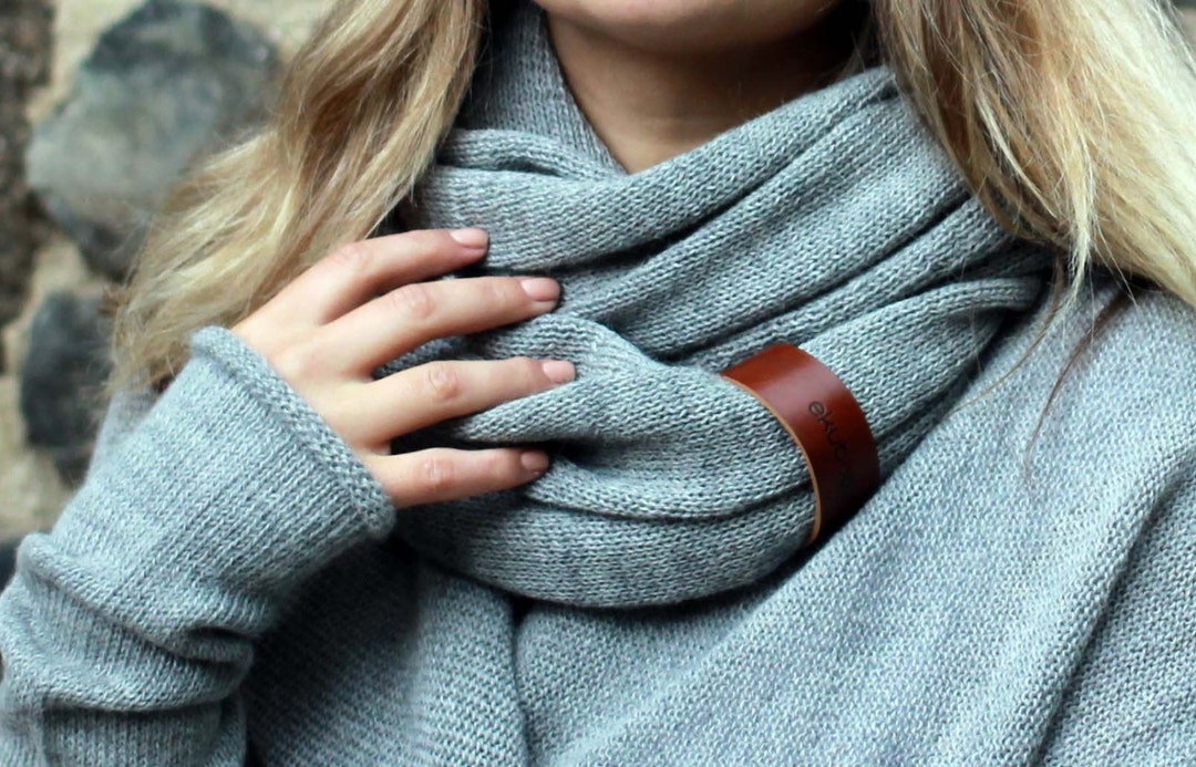 Alpaca Wool Infinity Scarf With Leather Bracelet - Knit Light Gray ...