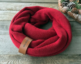 Red scarf Christmas gift Alpaca wool infinity scarf with leather bracelet knit gray snood knitted circle scarf for women