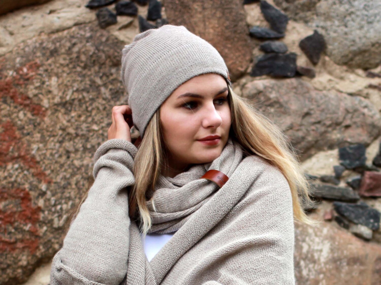 Alpaca Wool Infinity Scarf With Leather Bracelet - Knit Beige Snood ...