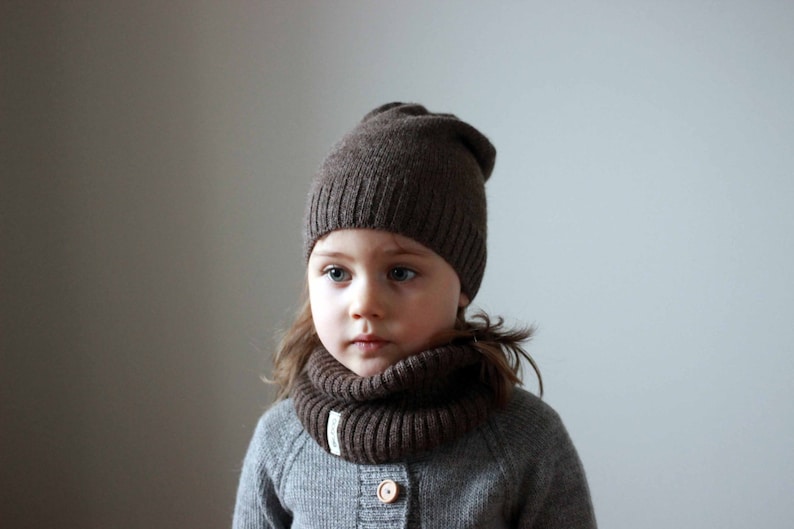Snood en alpaga, foulard marron tricoté, capuchon en alpaga tricoté, écharpe tube unisexe pour enfants tricotée, bébé, chauffe-cou pour tout-petits, foulard infinity image 1