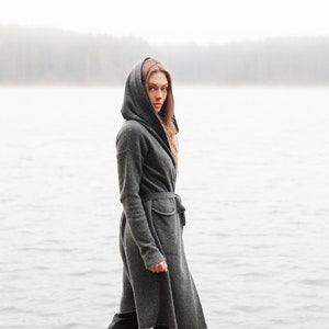 Cashmere cardigan with hood and pockets, long sweater with belt, woman gift, knit hooded coat, dark gray wrap for her