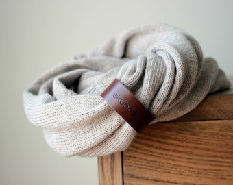 Alpaca wool infinity scarf with leather bracelet - knit beige snood - knitted circle scarf - light brown scarf for women