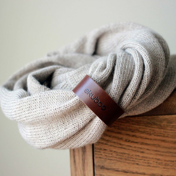 Alpaca wool infinity scarf with leather bracelet - knit beige snood - knitted circle scarf - light brown scarf for women