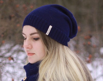 Gorro de alpaca para mujer, azul marino, de punto, holgado, para adultos.