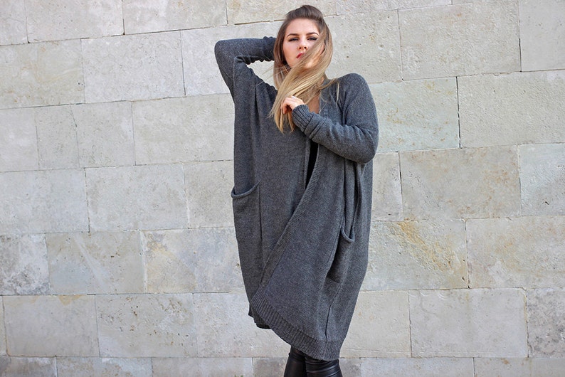 Gray oversized alpaca wool open cardigan, sweater with pockets, knit black coat, loose fit, plus size, maternity drape wrap, woman gift image 1