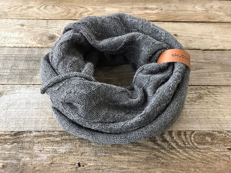 Gray Alpaca Wool Infinity Scarf, Knit Textured Snood With Leather ...
